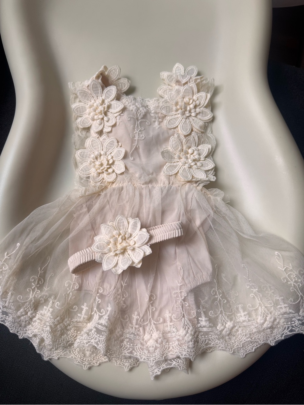 Ivory Floral Lace Tulle Dress with Matching Headband